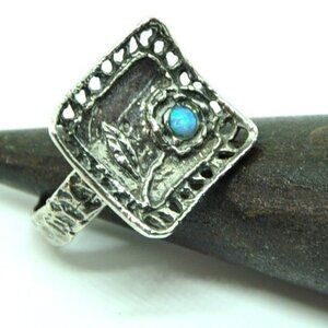 Artisan Sterling Silver Blue Opal Flower Ring – Hand Hammered, Size 7.5
